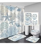 Nkzply 4 Pcs Beach Shower Curtain Set Blue Starfish Bathroom Sets with Shower Curtain and Rugs Oc...