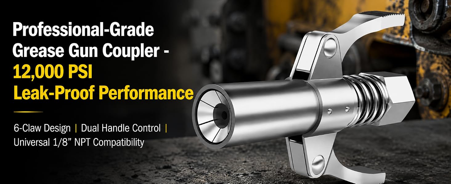 Professional grease gun coupler with 6-claw design and dual handles on industrial background