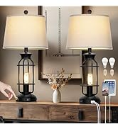 28" Vintage Table Lamps with USB C+A Ports & AC Outlet, Industrial Farmhouse Table Lamp Set of 2,...