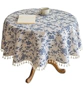 Jeloris Vintage Round Tablecloth with Tassels, 55 Inch Farmhouse Blue Floral Cotton Linen Table C...
