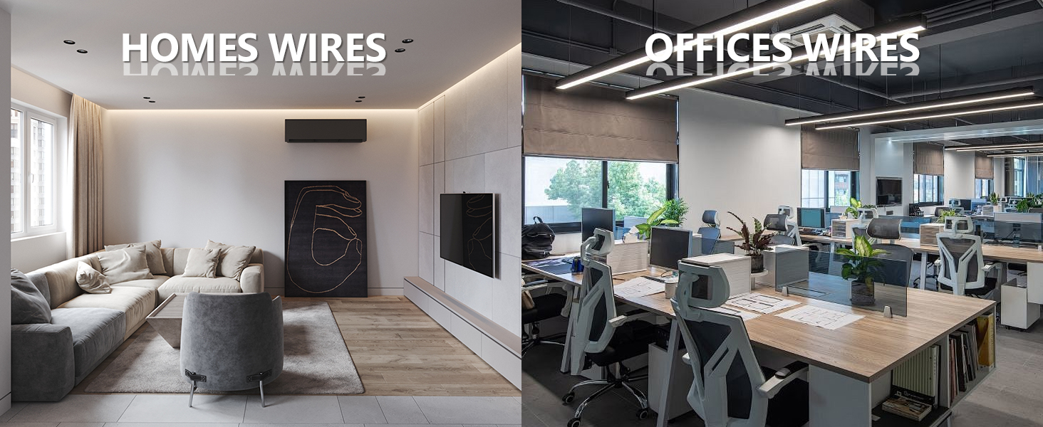 Split image showing modern home interior with grey sofa and TV on left, and open-plan office workspace with desks and chairs on right.