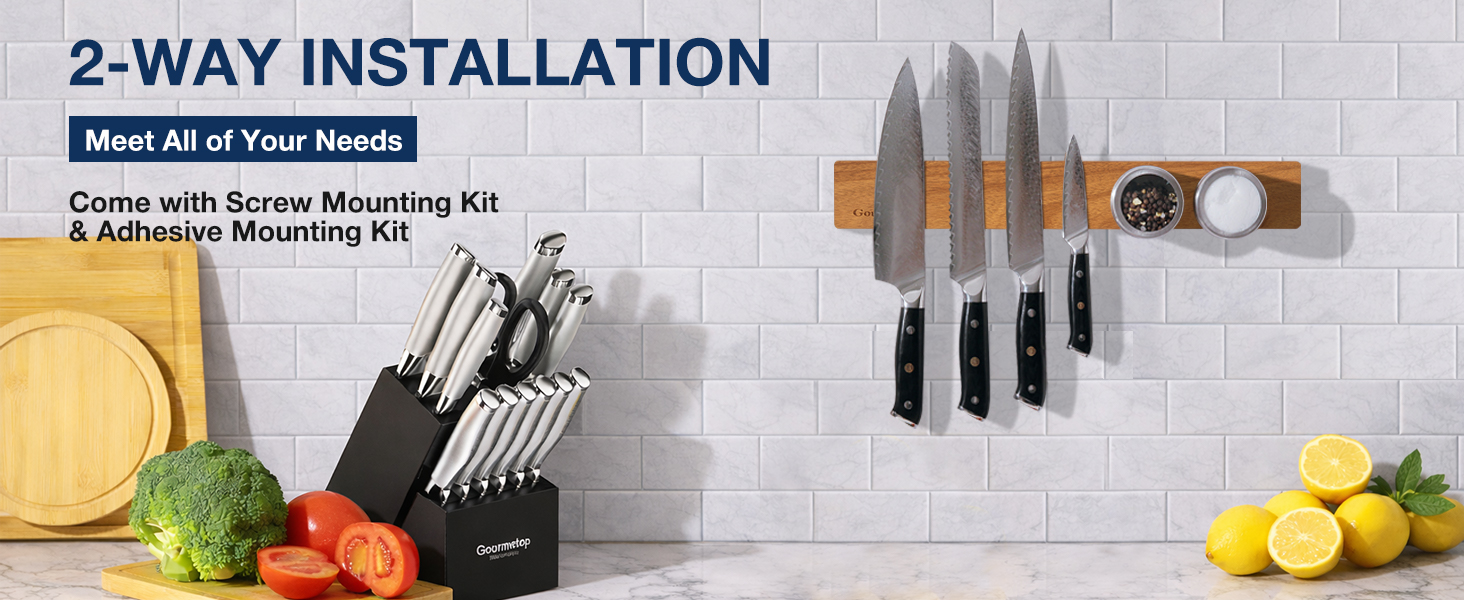 Magnetic knife holder mounted in modern kitchen keeping knives organized on wall