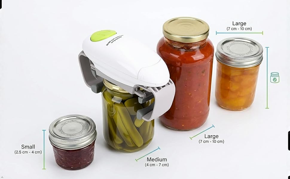 White electric jar opener with various sized glass jars, wide lid diameter range