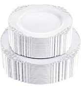 Joyido 102PCS White and Silver Plastic Plates - Heavyweight Silver Plate - Wedding Plate with Sil...