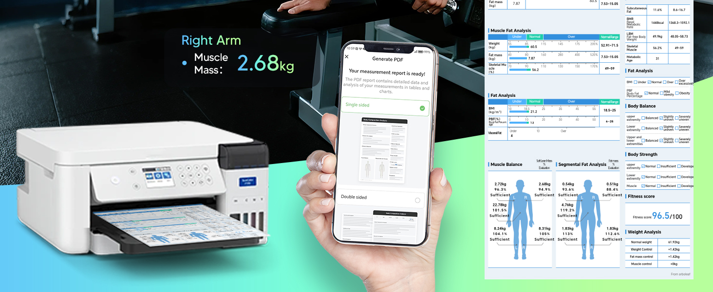 Woman reviewing Arboleaf body fat scale report, showing muscle mass and body composition