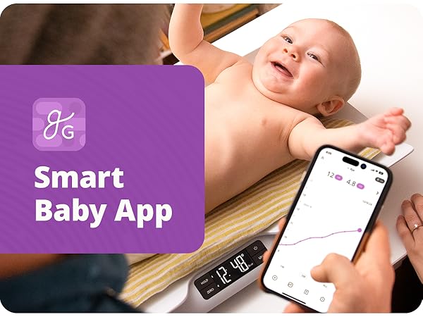 greater goods smart baby scale sync baby app baby on tray parent holding phone