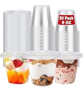 Clawsoff 50 Pack 9 oz Disposable Clear Plastic Parfait Cups with Flat Lids, Yogurt Parfait, Putti...