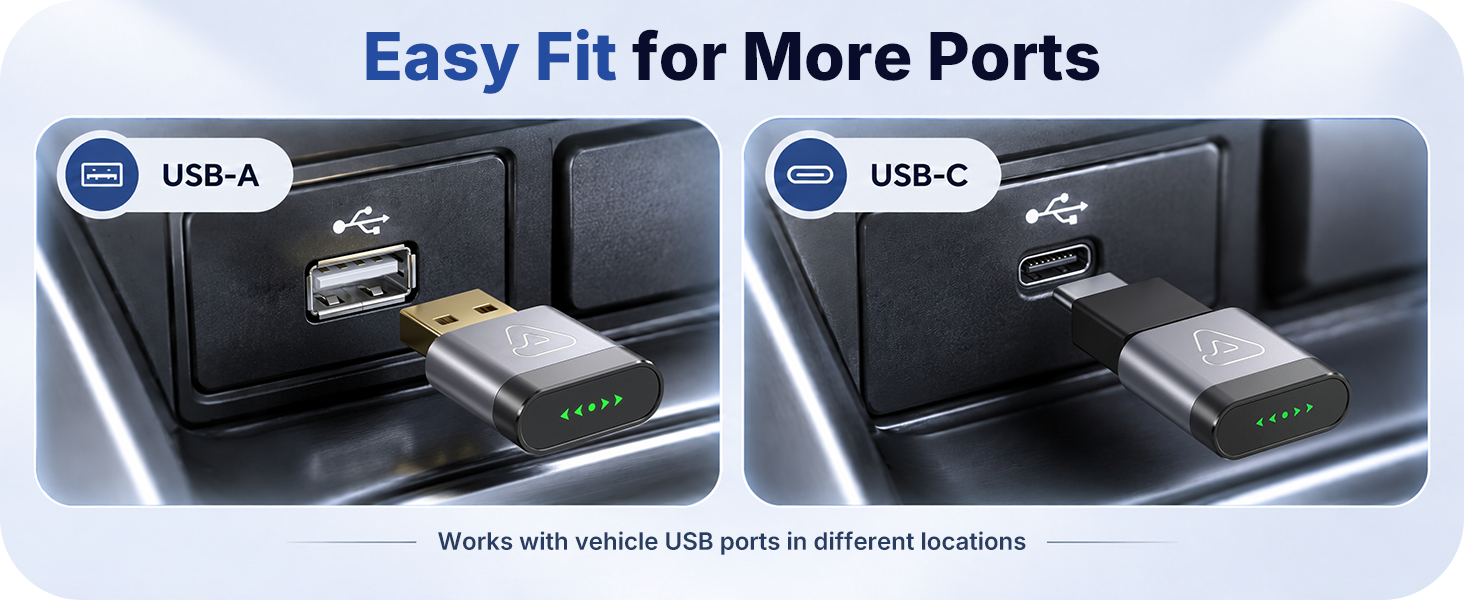 Wireless CarPlay adapter for apple iPhone includes USB-A to C adapter for flexible vehicle setup