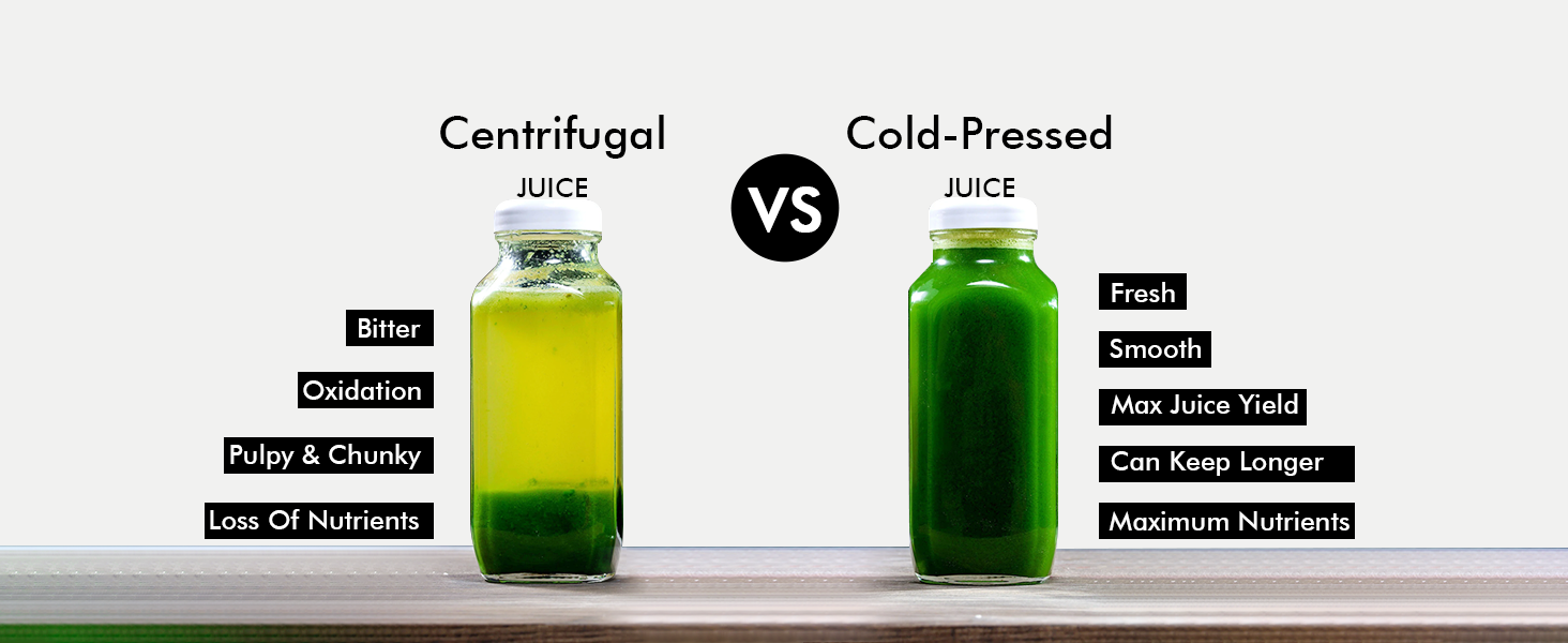 Cold press juicer vs centrifugal juicer comparison showing max juice yield and no oxidation.