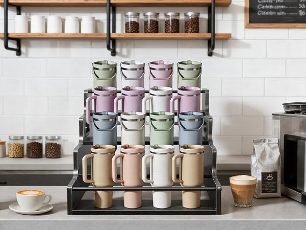 4 tier storage rack for tumblers and mugs, sturdy wood organizer for kitchen pantry space.
