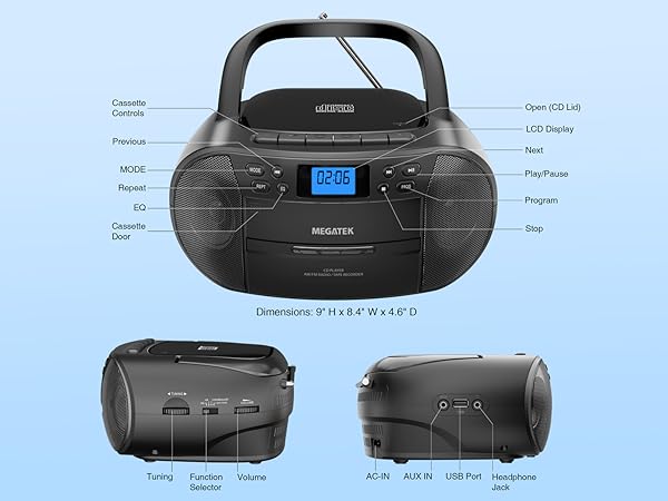 Portable CD Cassette Player Boombox with Compact Design