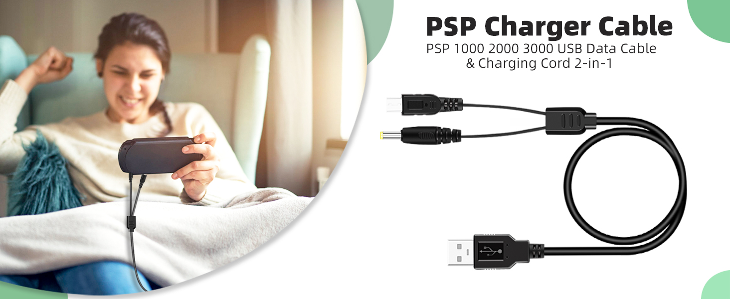 PSP 1000 2000 3000 USB Data Cable& Charging Cord 2-in-1
