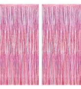 2 Pack Glitter Pink Backdrop, 3.28 FT x 7.05 FT Birthday Party Decorations, Laser Pink Fringe Cur...