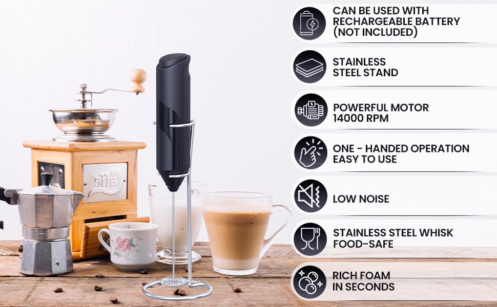Powerful motor easy to use milk frother with stand and rich foam low noise coffee frother handheld