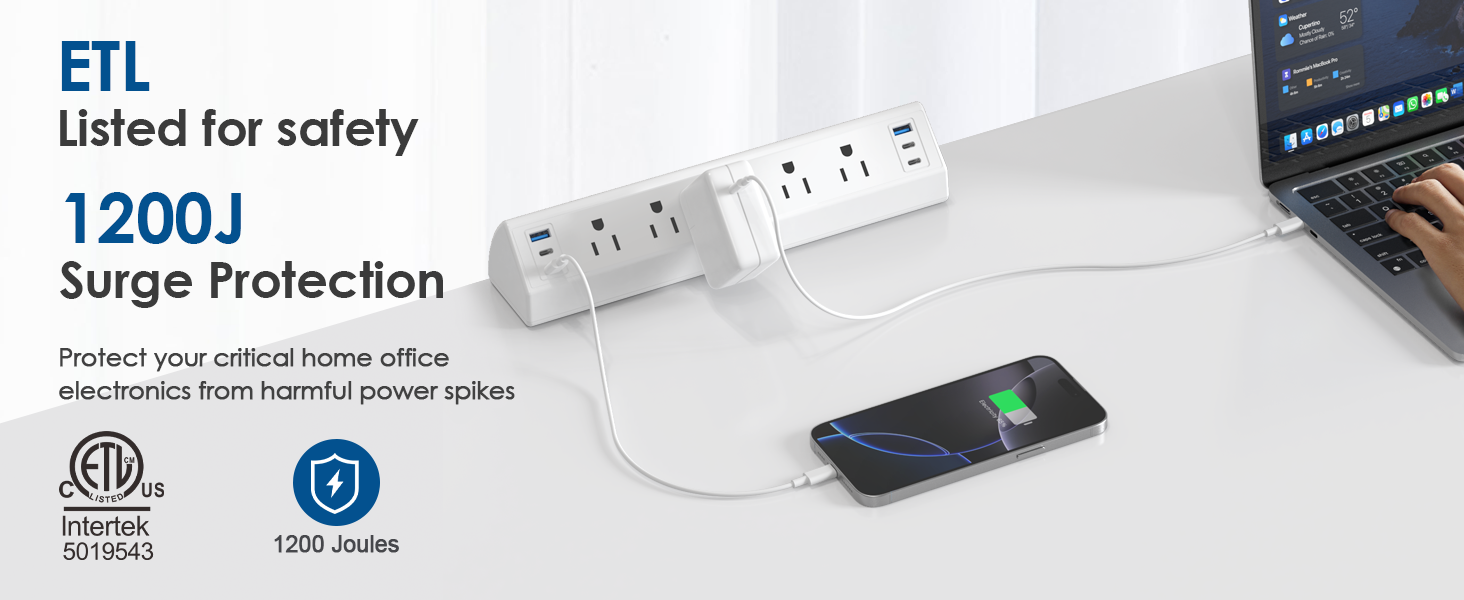Desk Clamp Power Strip USB C Surge Protector