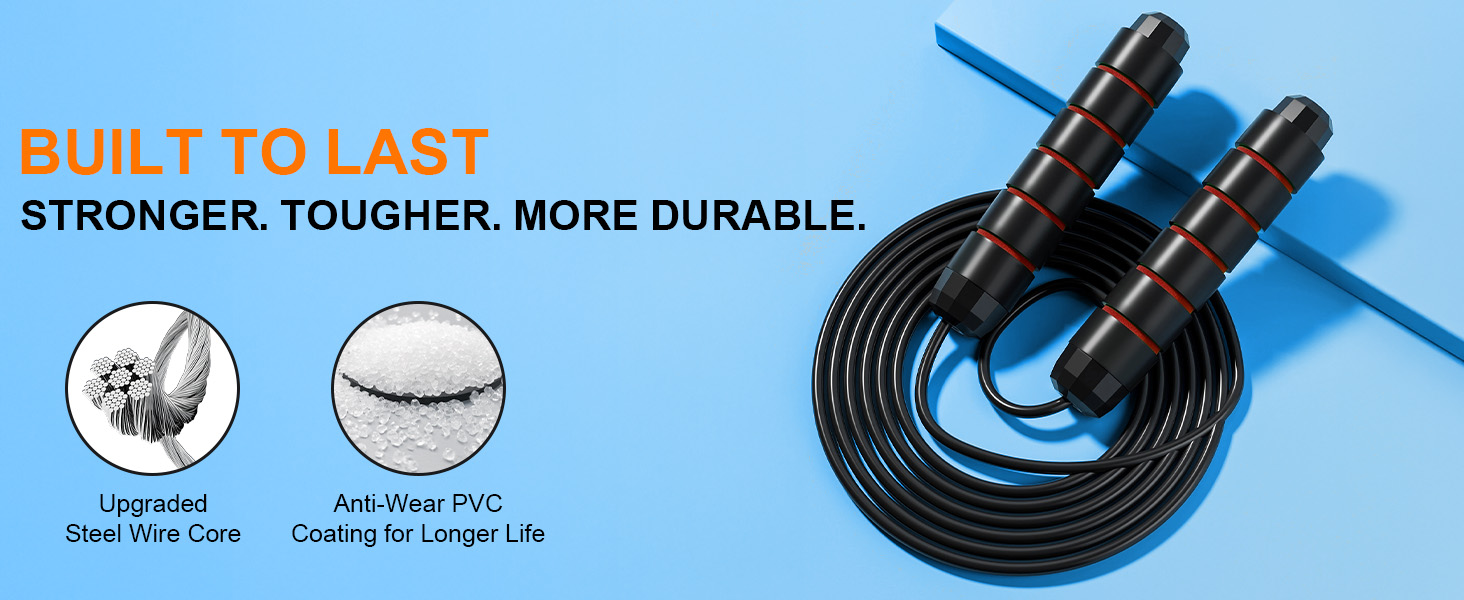 Durable jump rope made with strong PVC coated rope and non-slip handles for long-lasting fitness use