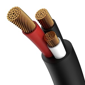 Electrical cable with three copper conductors visible. Red, white, and black insulated wires bundled in a black outer sheath. Cross-section shows spiral copper wire structure.