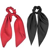 Pejlnd Hair Scarf Scrunchies for Women, 2Pcs Knotted Bow Hair Ties - Red Black, Satin Silk Elasti...