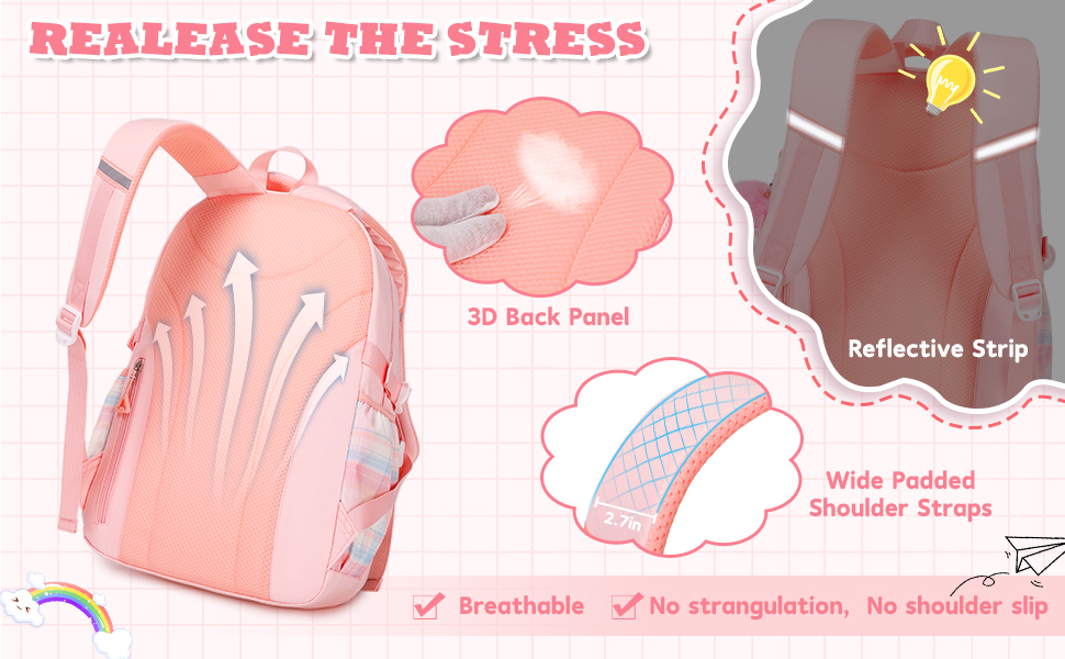 Girl's book bag with shoulder strap decompression design
