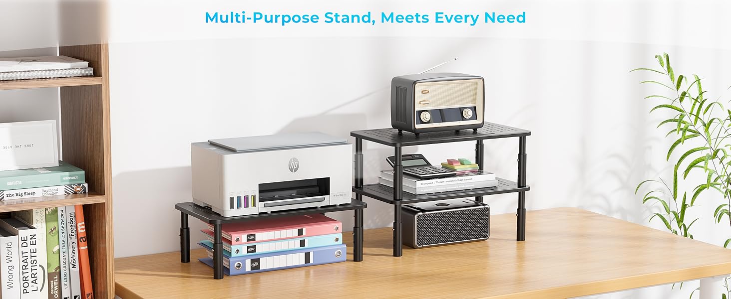Text reads 'Multi-Purpose Open Black Space Store Need'. Black metal storage shelf unit with multiple tiers holding electronic equipment.