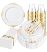 Hioasis 175pcs White and Gold Plastic Plates - Elegant Disposable Dinnerware Set Suitable for 25 ...