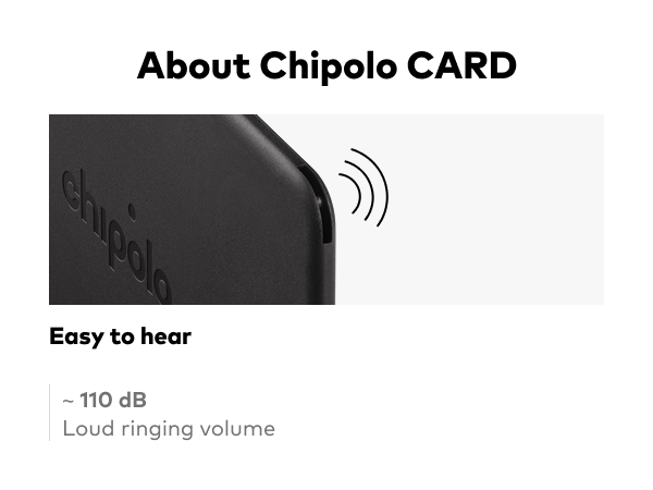 Text reads 'About Chipolo CARD', 'Easy to hear', 'Up to', 'Loud ringing volume'. Black rectangular tracking device with sound wave icon and volume specification details shown.