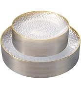 realluck 100 Pcs Crystal Clear Plastic Plates with Gold Rim, Premium Hammered Texture Disposable ...