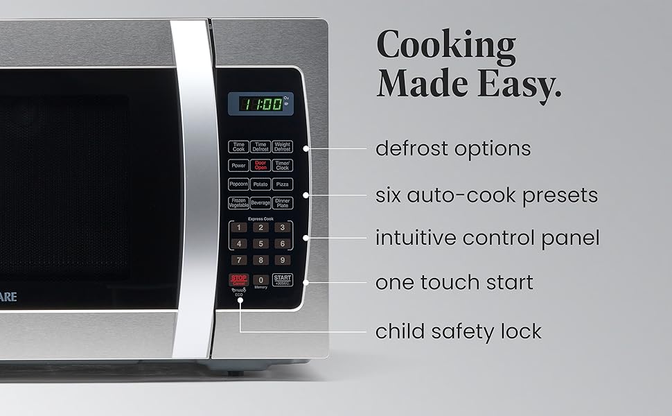 cooking made easy, defrost option, six presets, control panel, one touch start, child safety lock