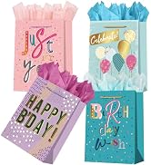 WLUSEAXI 4Pack Birthday Gift Bag with Tissue Paper,12.6×4.7×10.2 Inch Large Birthday Gift Bag wit...
