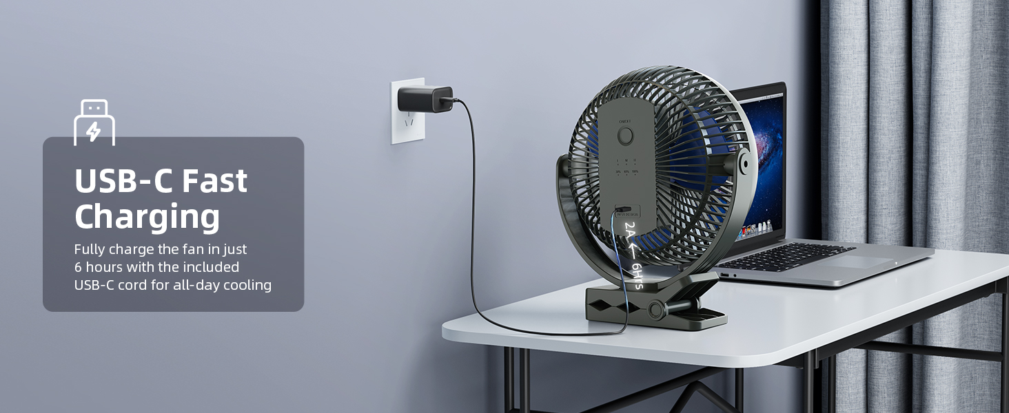 USB-C fast charging device plugged into wall outlet, connected to laptop. Small desktop fan nearby. Text describes charging capabilities.