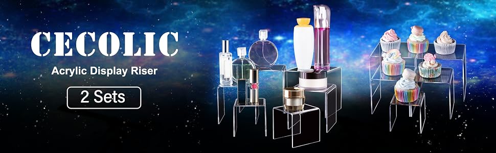 Cecolic clear acrylic display risers in 2 sets, featuring multiple stepped platforms for retail or cosmetic product display against starry background.
