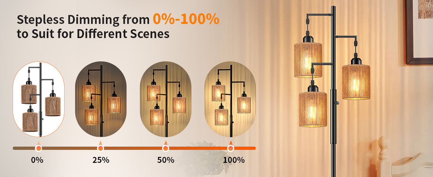 Hotsonic 72" Rattan Boho Floor Lamp, Tall Dimmable Standing Lamp with Handcrafted Brown Shad