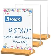 3 Pack Acrylic Sign Holder 8.5 x 11 Inch, Wood Base Signs Stand for Menu Flyer Display, Table Cle...
