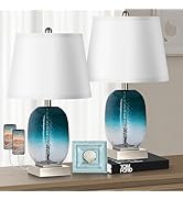 Table Lamp Set of 2 Touch Control, Modern Coastal Teal Glass Bedside Lamp with 2 USB Ports, 3-Way...