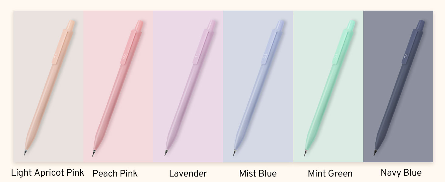 Six slender pens or pencils in pastel colors: light apricot pink, peach pink, lavender, mist blue, mint green, and navy blue. Each writing instrument has a slim, uniform design.