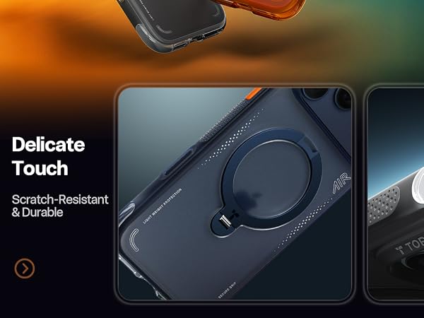 Close-up product detail images highlighting 'Delicate Touch' and 'Scratch-Resistant & Durable' features on a dark surface with subtle texture patterns.