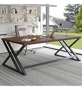 LVB Walnut Large Office Desk, Modern Long Wood Metal Computer Desk, Industrial Rustic Double Work...