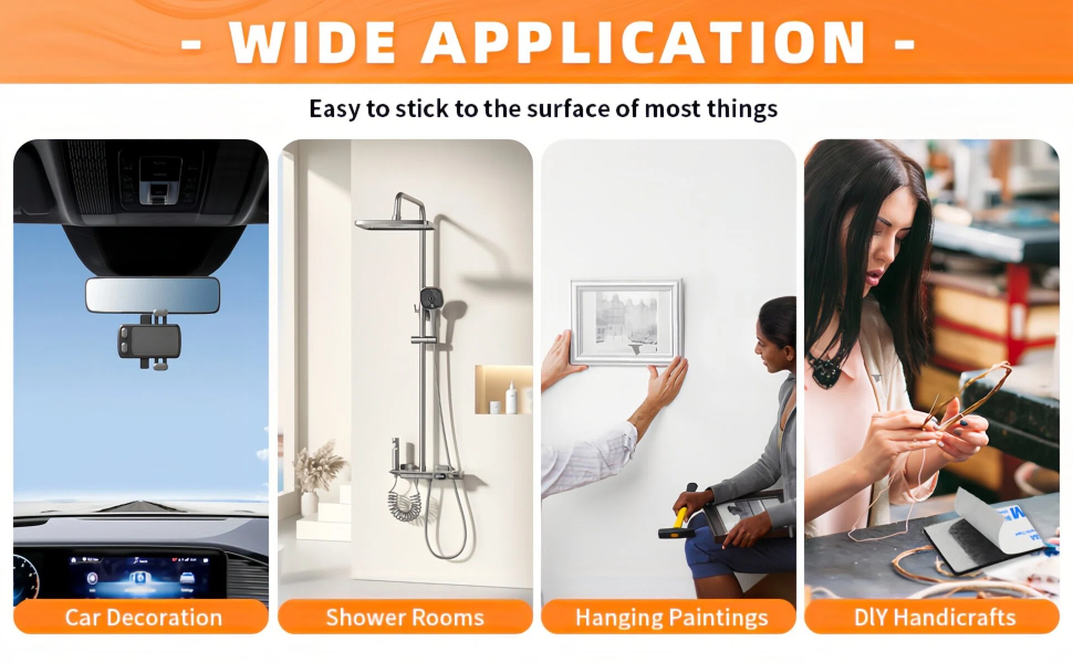Text reads 'WIDE APPLICATION' followed by four application scenarios showing mounting options for car dashboard, shower, handle/hanging, and wall mounting.