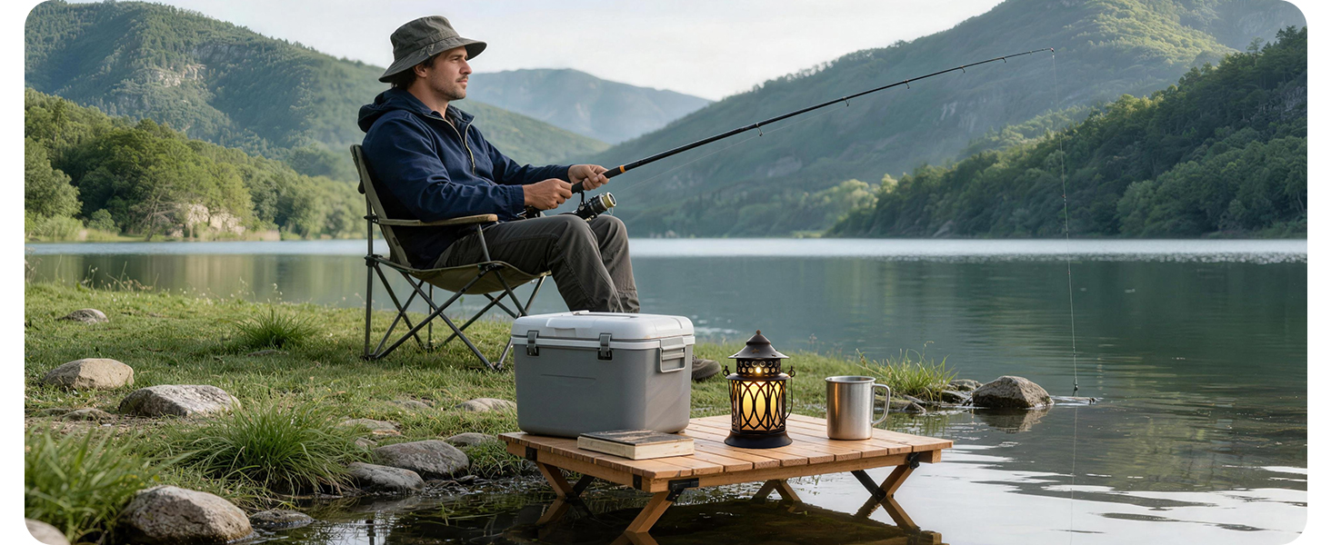 Man sitting in camping chair by lake holding fishing rod