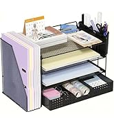 ECOLOVI Desk Organizer, 4-Tier Paper Organizer Letter Tray with File Holder, Drawer and 2 Pen Hol...