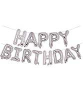 PIGETALE Silver Happy Birthday Balloons Banner, 16 Inch 3D Aluminum Foil Inflatable Hanging Lette...
