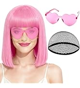PLULON Short Pink Straight Bob Wig with Bangs Shoulder Length Heat Resistant Synthetic Hair Wigs ...