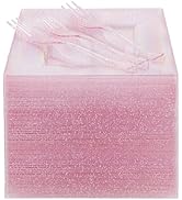 DaYammi 200 Pcs Pink Dessert Plates 6'' with Plastic Forks 5.7'', Rose Glitter Plastic Square Pla...