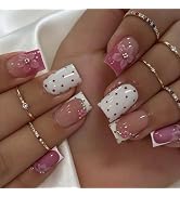 Medium Square Press On Nails 3D Pink Flower Fake Nails, White Red Polka Dot French Tip Embossed F...
