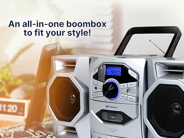 Emerson Stereo Boombox with CD Player, Cassette Play and Record, AM/FM Radio, and carrying handle