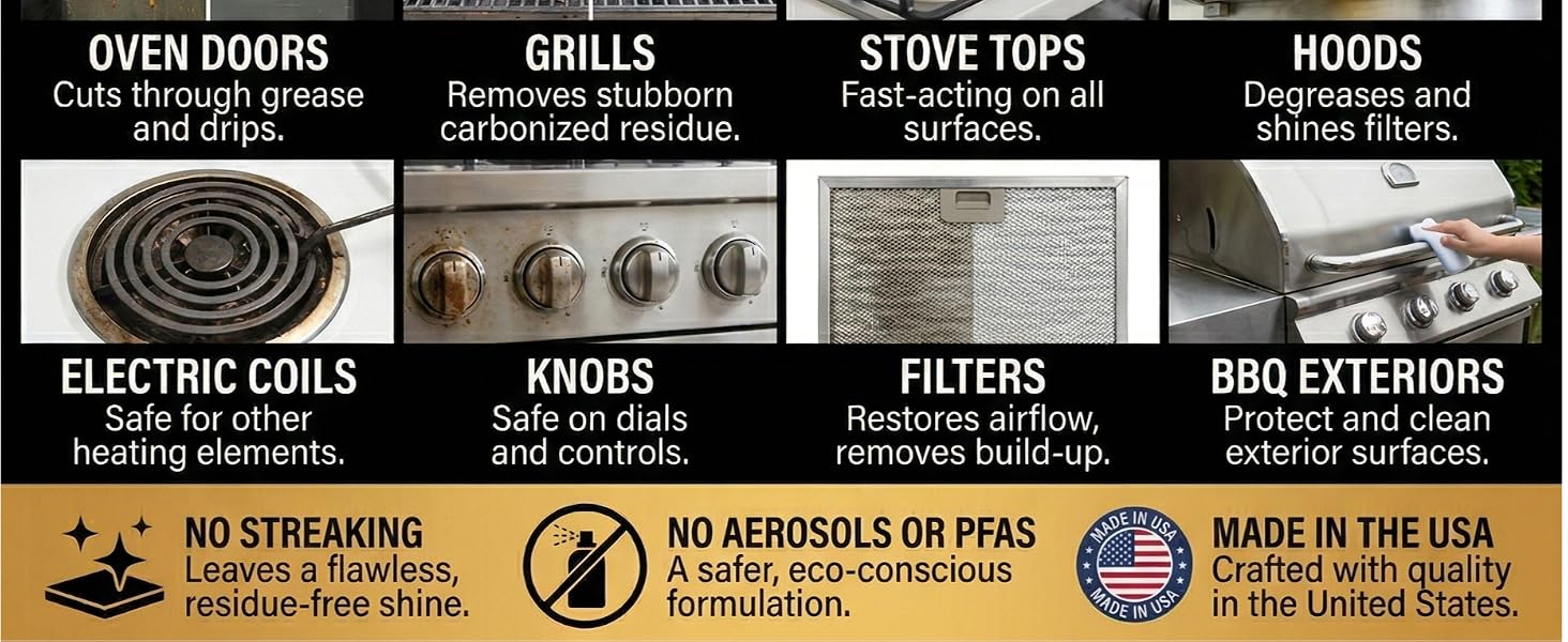 Cleans oven doors, grills, stove tops, hoods, coils, knobs, filters and BBQ exteriors.