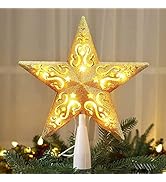 BrizLabs Christmas Tree Top Lights, 8” 10 Bulbs Gold Hollowed Warm White Xmas Topper Pentagram Li...