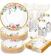 Gudvilla 350PCS Floral Paper Plates Set,Floral Disposable Plates With Gold Rim Serve 50 Guests, F...