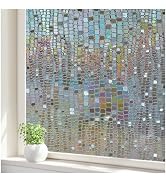 ALIUNI Rainbow Window Privacy Film: 3D Stained Glass Holographic Window Cling Film Heat Control S...