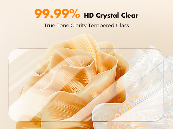 Close-up of tempered glass screen protector over device displaying flower image. Text claims '99.99% HD Crystal Clear' and 'True Tone Clarity'.